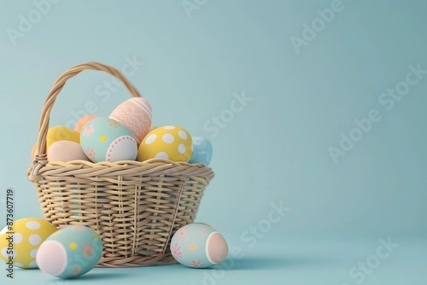 Fototapeta 3D render of A basket filled with colorful Easter eggs on a pastel blue background, clean background, no copyrighted logo, no letters, no peaple