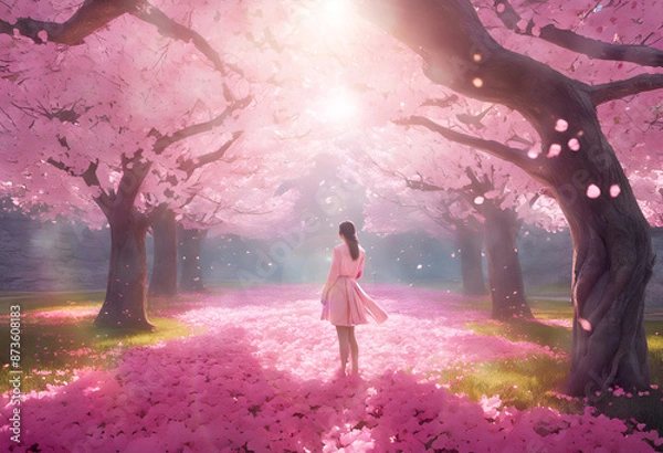 Obraz A woman stands in sunlight among forest of cherry blossoms in bloom, with bokeh, lens flare and rainbow effects, spring nature background