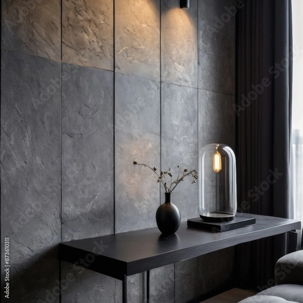 Obraz Grey wall panels and a black side table in minimalistic interior design composition.
