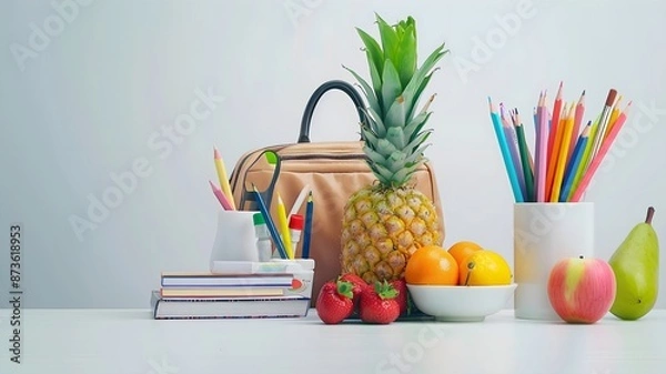 Obraz  A neatly arranged back-to-school setup with a decent bag filled with books, various stationery supplies, and fresh fruit , all on a solid white background. 
