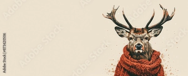 Fototapeta Funny deer in a knitted scarf on a gray simple background. Cute Christmas greeting card in c colored linocut style. Cartoon illustration. New year holiday banner, copy space.