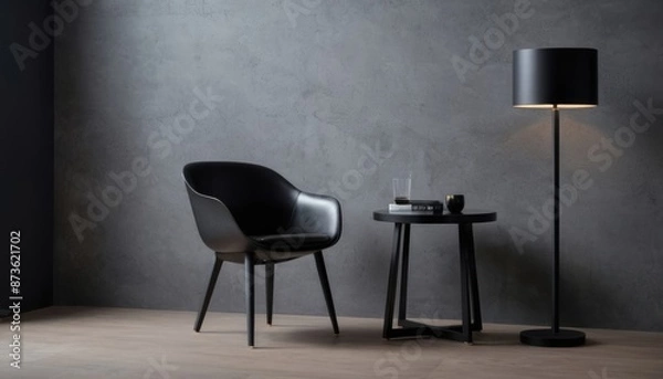 Obraz Grey wall panels and a black side table in minimalistic interior design composition.
