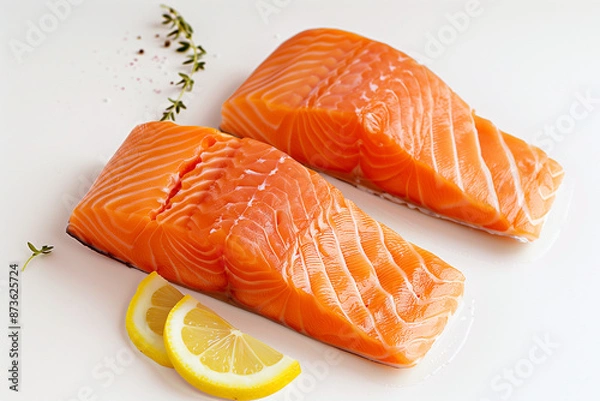 Obraz Two slices of Salmon fish fillet in rectangular form with slices of lemon on white isolated background. Generative AI
