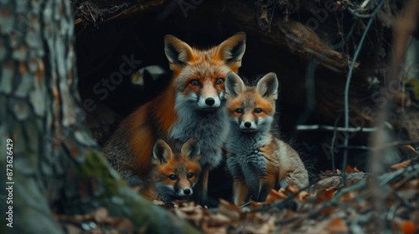 Fototapeta Group of Fox Cubs Snuggled with Their Mother in a Woodland Den, Capturing a Tender Moment of Familial Warmth and Shelter in the Wilderness