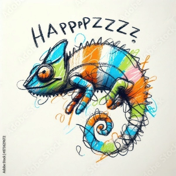 Fototapeta Kids' Scribbly Crayon Art: Colorful Chameleon