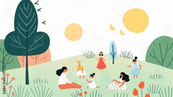 Fototapeta A family enjoying a picnic in a park children playing and parents relaxing depicting a harmonious and joyful lifestyle