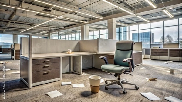 Fototapeta Abandoned office cubicle with overturned chair, scattered papers, and abandoned coffee cup amidst deserted corporate workspace atmosphere.