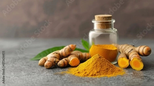 Fototapeta Turmeric Extract in a sophisticated container, with turmeric roots and powder, on a rustic kitchen surface, photorealistic and premium
