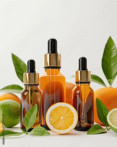 Fototapeta Vitamin C Serum in a high-end dropper bottle, with citrus fruits and leaves, set against a bright, fresh backdrop, photorealistic and premium