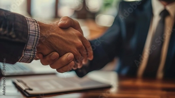 Fototapeta Business Handshake Agreement at Office Desk with Documents and Laptop