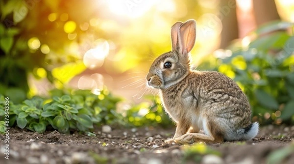 Fototapeta Peaceful rabbit sitting in a patch of sunlight in a quiet garden, Rabbit, Content and Light concept