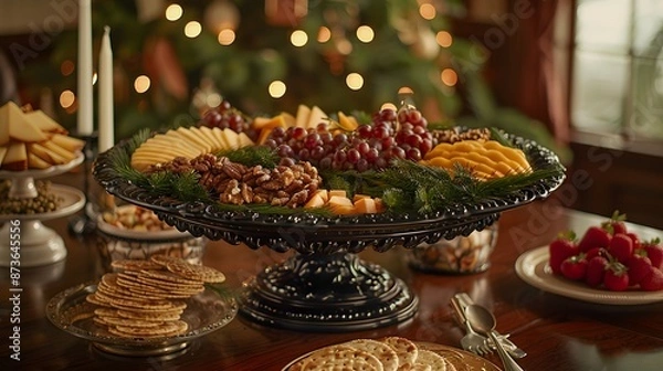 Fototapeta Holiday Cheese Board With Grapes and Pecans