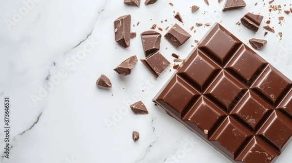 Fototapeta A single piece of dark chocolate on a white marble background