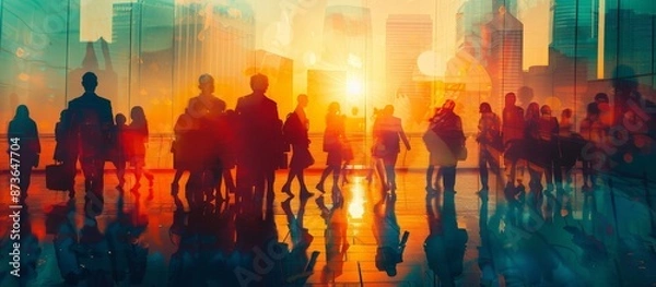 Fototapeta Synergy in the Urban Jungle: Abstract Double Exposure of Business Conference and City Skyline, Symbolizing Teamwork and Success
