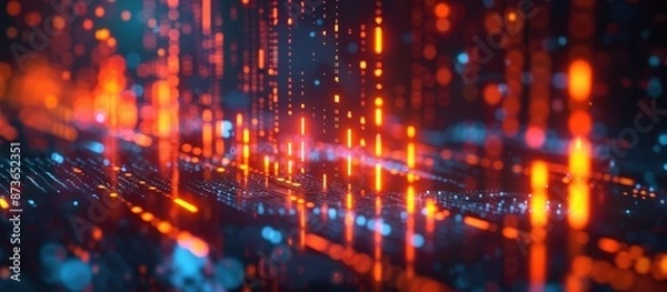Fototapeta Abstract image of a futuristic digital data stream with glowing orange and blue lights, representing cyber technology and data flow.