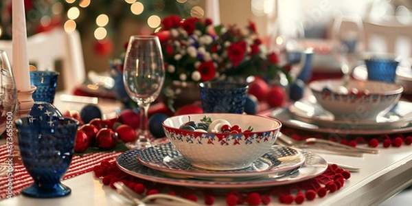 Fototapeta Festive Table Setting for Christmas Dinner | Holiday Meal with Decorative Tableware