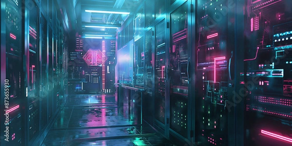 Fototapeta  Futuristic Data Center with Neon Lights | Modern Server Room Technology