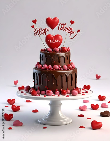 Obraz Cute Cartoon sweet chocolate cake with a valentines day message perfect gift Character 3D Rendered on white background.