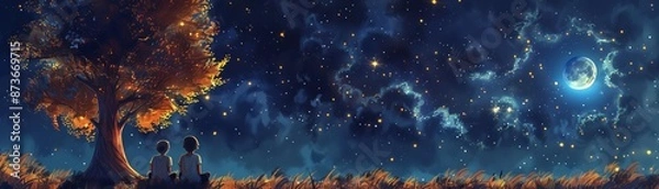 Fototapeta Friends enjoying a quiet evening stargazing, feeling connected to the universe, serene and detailed, digital painting