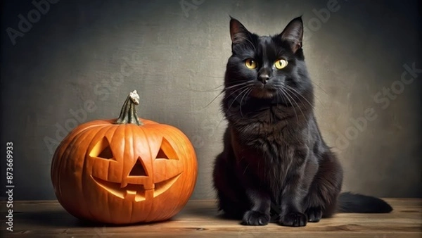 Fototapeta Halloween black cat sitting next to a carved pumpkin, Halloween, cat, pumpkin, black cat, autumn