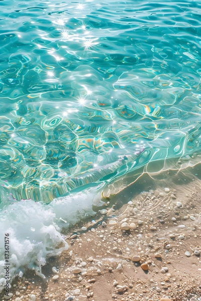 Fototapeta sea water waves texture ripples on water surface light blue ocean water top view clear aqua background sun glow reflection white sand bottom stones underwater tropical island beach