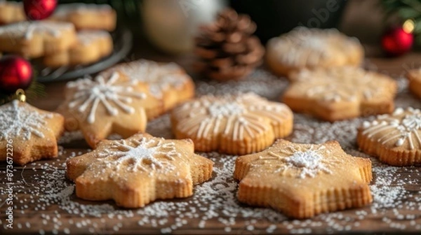 Fototapeta A plate of cookies with snowflakes on top
