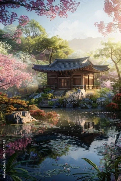 Fototapeta An artistic depiction of a hanok by a pond, surrounded by blooming flowers and trees, with sunlight streaming in.