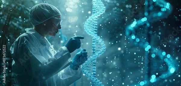 Fototapeta A scientist working in a high-tech laboratory, using advanced equipment to manipulate DNA strands, symbolizing groundbreaking inventions in genetic engineering