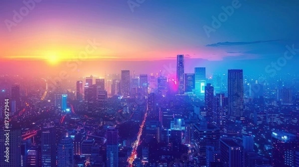 Fototapeta A city skyline at sunset with a bright orange sun in the sky