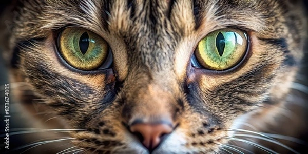 Fototapeta Close up of a cat with sharp focus on its mesmerizing eyes, feline, whiskers, close up, animal, pet, domestic, fur, cute, portrait, eyes