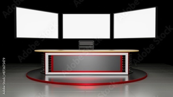 Fototapeta wood table and lcd background in the news studio room.3d rendering.	