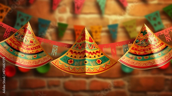 Fototapeta Paper Banner Buntings Chili Sombrero Feliz Cinco de Mayo , Generative AI.