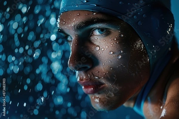 Fototapeta Dramatically lit from above, this striking portrait of an elite swimmer features glistening water droplets on chiseled features.