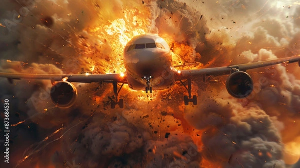 Fototapeta Dramatic scene of an airplane exploding in mid-air with intense flames and smoke engulfing the aircraft.