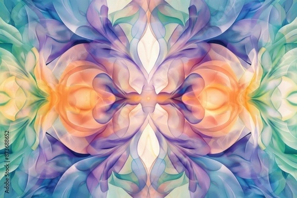 Fototapeta Colorful abstract symmetrical pattern with vibrant hues of orange, purple, and green, perfect for artistic backgrounds and creative designs.