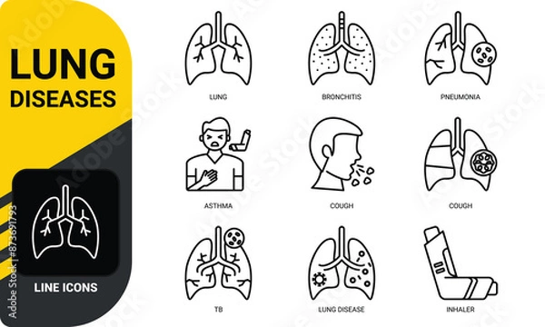 Obraz lung disease icons, such as copd, cough and so on. Icons set related to respiration.