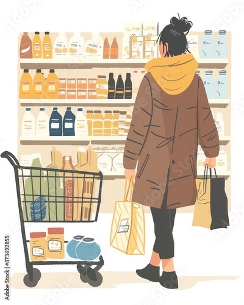 Fototapeta Illustration of a woman grocery shopping in a supermarket, looking at shelves, and holding shopping bags and cart.
