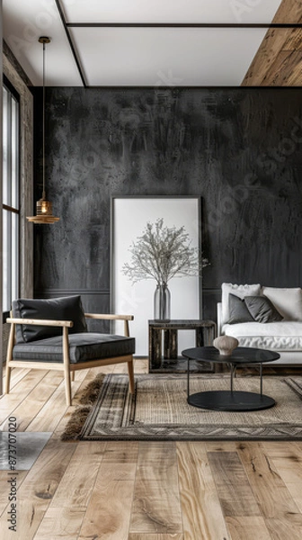 Fototapeta Elegant interiors rustic decor composition with minimal furniture and arrangements. Stylish interiors design Real Estate composition.