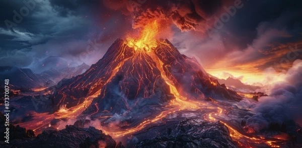 Fototapeta Erupting Volcano With Lava Flow and Smoke Under Cloudy Sky