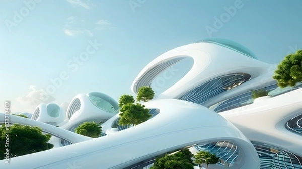 Fototapeta Futuristic Cityscape with Adaptable Architectural Structures in Vibrant Colors and Dynamic Shapes