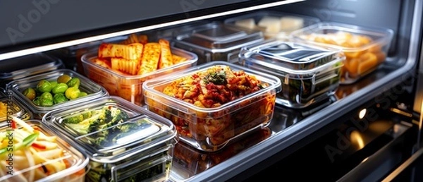 Fototapeta A modern Korean kimchi refrigerator with sleek stainless steel doors, opened to reveal neatly stacked containers of various types of kimchi