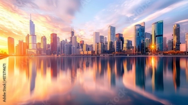 Fototapeta Stunning sunset cityscape with modern skyscrapers reflected in calm water. Urban landscape, modern architecture, city skyline.