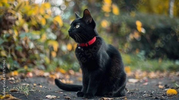 Fototapeta A garden setting where a black cat with a red collar is seated on the ground