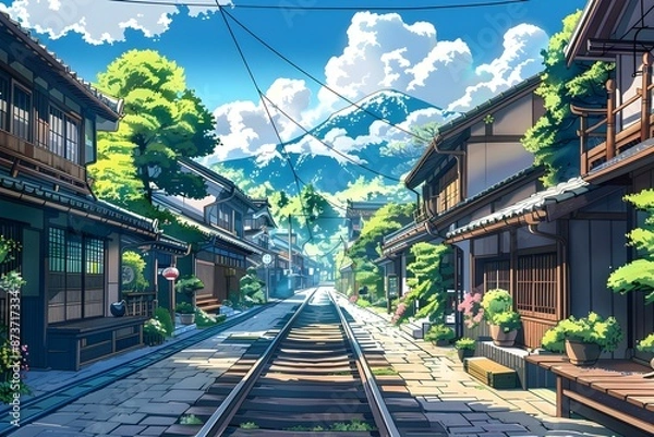 Fototapeta town with tracks in anime style on a sunny day