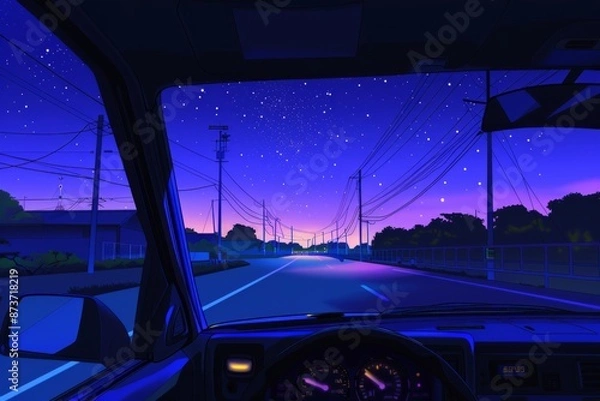 Fototapeta Cruising down a quiet highway under a starry sky. Someone adjusts the radio, tuning into soft LoFi beats that blend, Generative AI