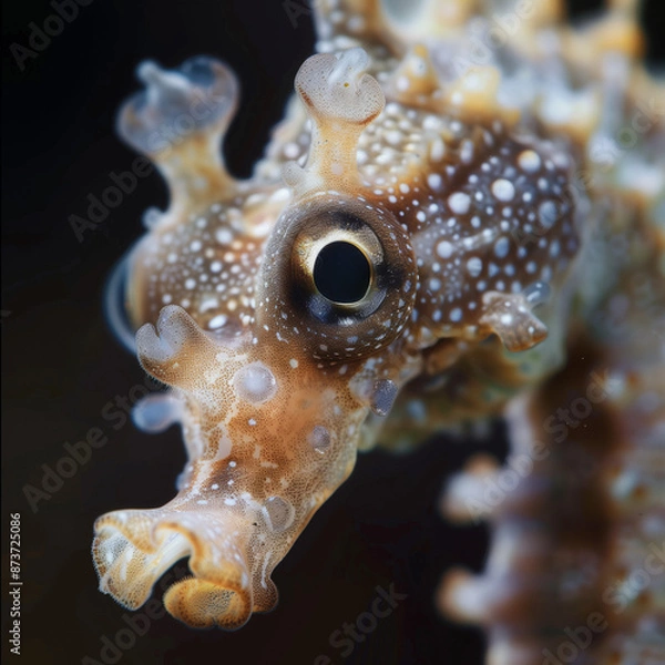 Fototapeta Close-Up of a Seahorse's Head, Focusing on the Distinctive Horse-Like Facial Structure and Small, Movable Eyes