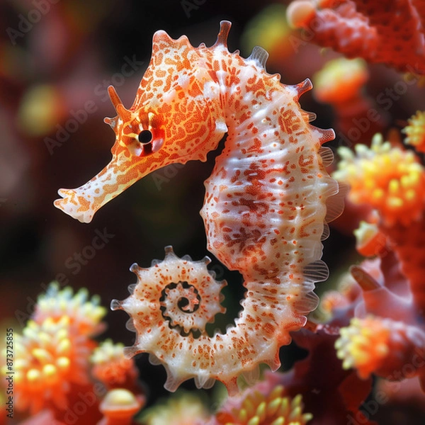 Fototapeta Macro shot of a seahorse serenely gliding through coral reefs, its distinctive spiral tail wrapped around a branch, showcasing its natural habitat.