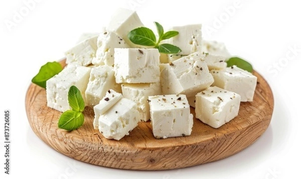Fototapeta Rustic wooden plate decorated with crumbled feta cheese.