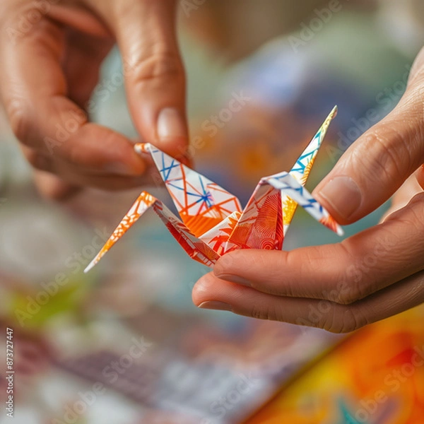 Fototapeta Detailed View: Hands Crafting an Intricate Origami Crane, Highlighting Precision and Skill in Traditional Paper Folding