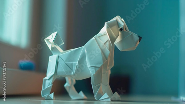 Fototapeta Artistic Representation: Origami Dog Depicting the Enchanting Evolution from Flat Paper to Three-Dimensional Creation.